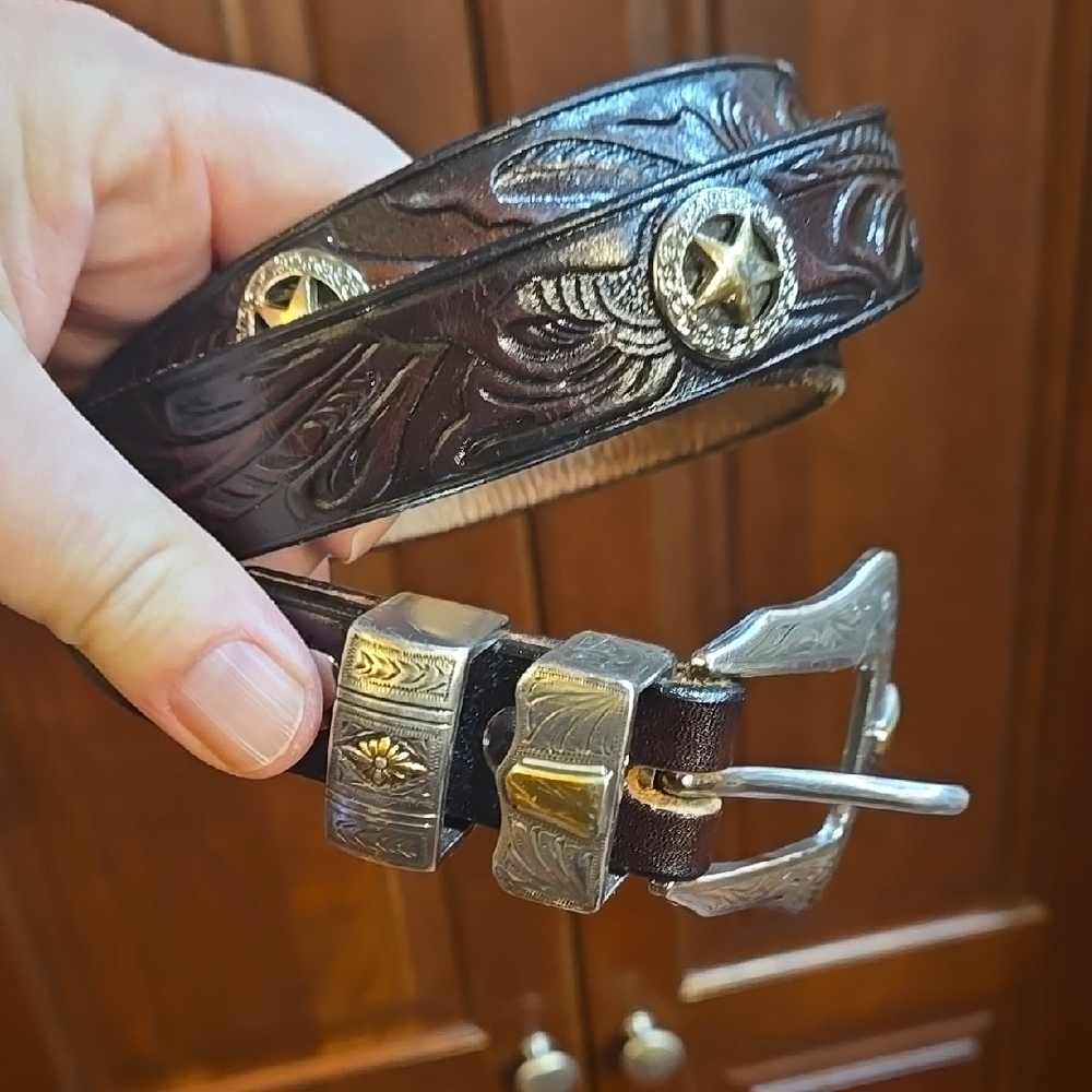 High Springs Brown Leather Belt with Silver Accents 1" Wide